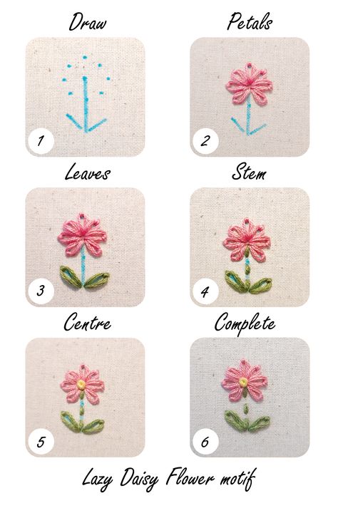 Step-by-step creation of a simple Lazy Daisy flower motif. Daisy Costume, Basic Flower, Converse Embroidery, Daisy Stitch, Daisy Embroidery, Flora Pattern, Embroidery Motif, Lazy Daisy Stitch, Simple Embroidery Designs