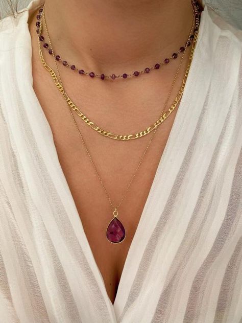 Handmade Layering Necklaces, Purple Rosary, Purple Stone Necklace, Chain Necklace, Gift for Her, Made from Sterling Silver 925 #layers #layeringnecklaces #necklaces #layers #fashion #moda #style #handmadenecklaces #necklaces Layered Gemstone Necklace, Purple Diamond Necklace, Purple Rosary, Unique Gold Chain, Necklaces Purple, Layers Fashion, Layering Diamond Necklaces, Purple Stone Necklace, 3 Layer Necklace