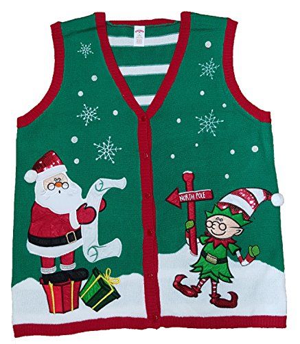 Adorable plus size Christmas vest with Santa and elf...what a fun Christmas style! Vests Womens, Sweater Women Outfit, Green Sweater Vest, Womens Sweater Coats, Cute Christmas Sweater, Christmas Vest, Plus Size Christmas, Christmas Cardigan, Vintage Stockings