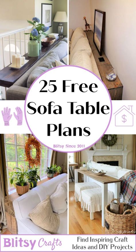 25 DIY Sofa Table Plans to Build your own Behind Couch Table Style Sofa Table Against Wall, How To Make A Behind The Couch Table, Coach Table Behind The, Slim Sofa Table Behind Couch Diy, How To Build A Sofa Table Behind Couch, Diy Behind Sofa Table, Sofa Tables Against Wall, Diy Narrow Sofa Table Behind Couch, Small Sofa Table Behind Couch