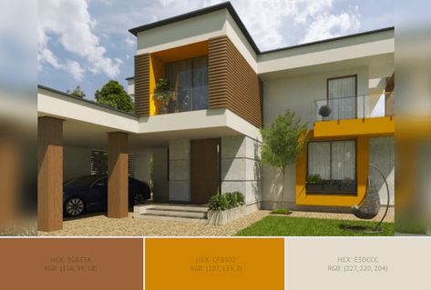 This creative House Exterior has 5 colors combination with Chocolate (Traditional), Vivid Amber, Raw Umber, Dark Gray (X11) and Pastel Gray. Exterior Building Color Palette, India Exterior House Colors, Colour Palette Exterior House, Outer Wall Painting Ideas, Colour Combination For Elevation, Exterior Paint Colors For House India, Banglow Colour Combination, Exterior Wall Painting Ideas Colour, House Outer Colour Combination