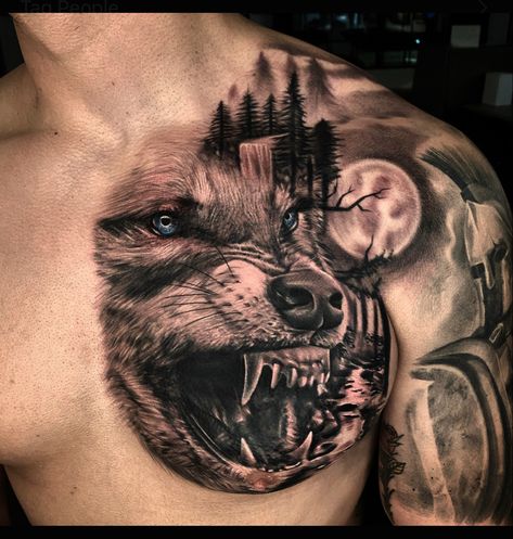 Wolf tattoo moon tattoo tree tattoo river tattoo Chest Tattoo Half, Half Chest Tattoo, Chest Tattoo Wolf, Wolf And Moon Tattoo, Tattoos Chest, River Tattoo, Tattoo Cool, Full Chest Tattoos, Wolf And Moon