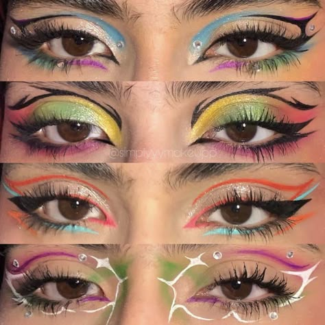 Maximalist Makeup Looks, Cool Eyeshadow Looks, Artistic Eyeliner, Trippy Makeup, Eye Makeup Colorful, Patchwork Makeup, Colorful Makeup Looks, Funky Makeup, Drag Make-up