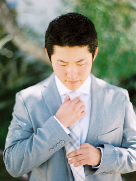 Taking Off Tie Reference, Adjusting Tie Pose, Light Grey Suits, Plaid Tie, Groom Getting Ready, Gray Suit, Intimate Weddings, Hollister, California Wedding