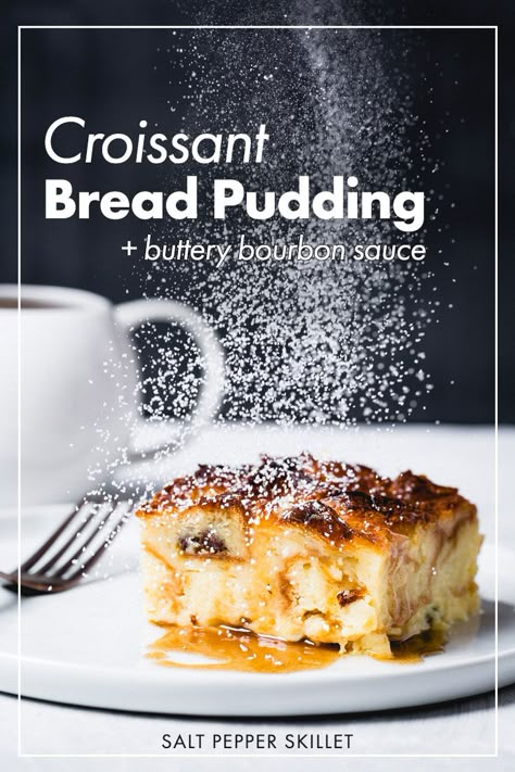 Croissant Bread Pudding. This is bread pudding perfection with bourbon soaked raisins and topped with a buttery bourbon sauce. Easily the BEST bread pudding you will ever make. #breadpudding #dessert via @spskillet Pecan Bread Pudding Recipe, Breadpudding Dessert, Croissant Bread Pudding Recipe, Bread Pudding With Croissants, Pumpkin Pecan Bread, Pecan Bread Pudding, Croissant Bread Pudding, Crumble Recipes, Best Bread Pudding