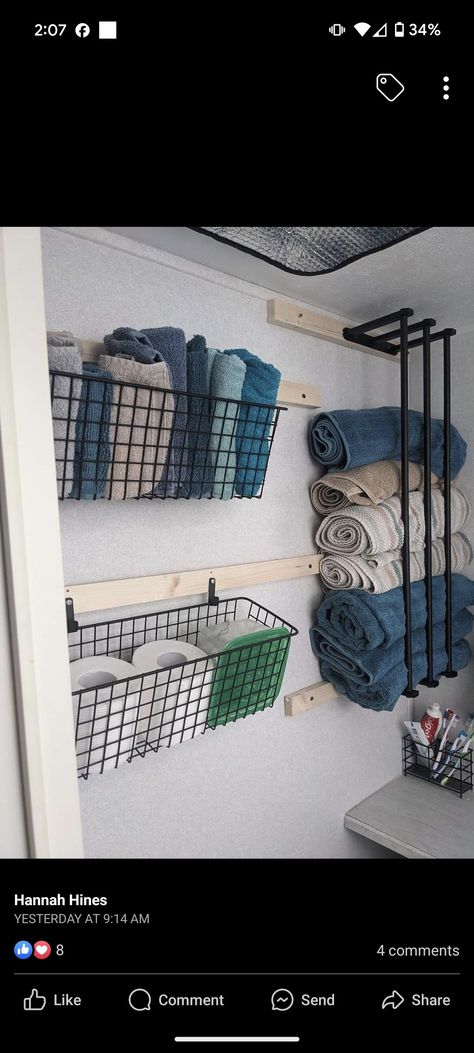 Camper Blanket Storage, Trailer Ideas Organizing, Camper Diy Hacks, Camper Bedroom Organization, Living In A Camper Full Time Hacks, Small Travel Trailer Organization, Camper Shelving Ideas, Small Rv Storage Ideas, Camper Themes