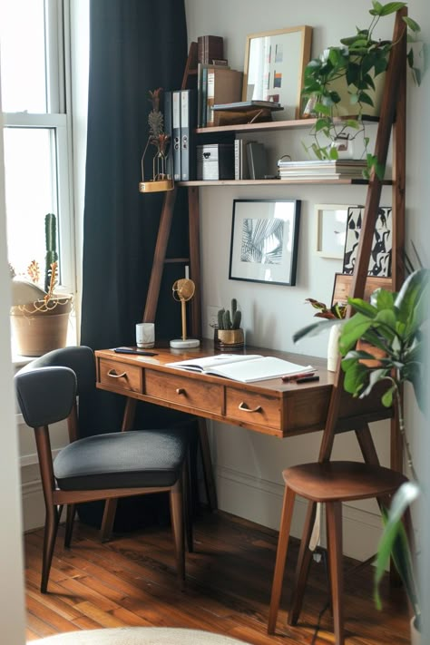 Discreet Desk In Living Room, Small Work Space In Living Room, Small Home Workspace, Workspace Small Spaces, Home Office Small Space Corner, Desk Nook In Living Room, Small Hobby Room, Small Desk Bedroom, Living Room Desk Area