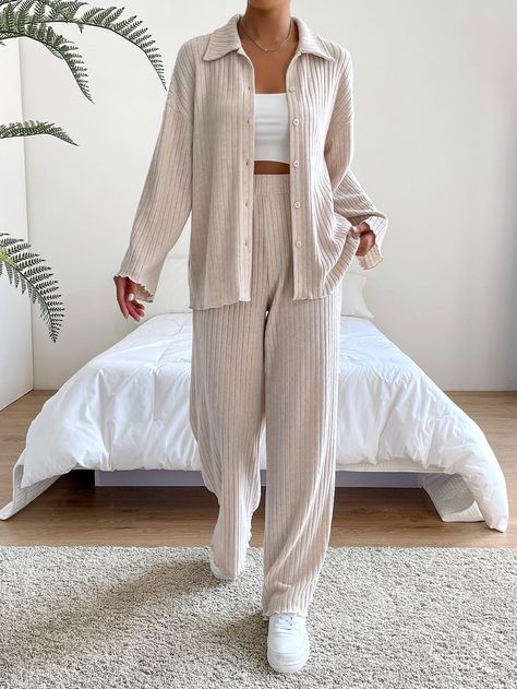 Apricot Casual Collar Long Sleeve  Plain  Embellished Slight Stretch  Women Co-ords Co Ords Outfits Two Pieces, Set Outfit Two Pieces, Co Ord Sets Pants, Coord Sets, Co Ords Outfits, Drop Shoulder Shirt, Co Ord Set, Co Ord, Shirt And Pants