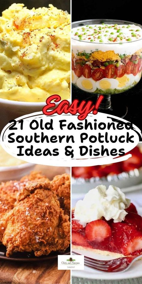 Looking for some easy ideas to take along to a potluck? Check out these irresistible old-fashioned Southern potluck dishes that have stood the test of time! Choose from salads, side dishes, main dishes, and desserts for the perfect, sharable food! These recipes are sure to be a hit with the crowd, and many of them can be made ahead of time, so you can enjoy a stress-free gathering! Best Pot Luck Dishes Potlucks, Covered Dish Ideas Potlucks Easy, Make Ahead Potluck Dishes, Southern Potluck Dishes, Sharable Food, Pot Luck Sides, Best Pot Luck Dishes, Quick Potluck Dishes, Pot Luck Side Dishes