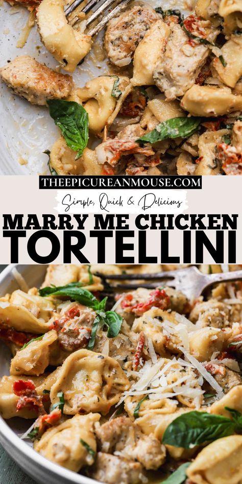 Marry Me Chicken Tortellini is not only incredibly delicious, but also a lifesaver on busy weeknights, thanks to its ease of preparation. With simple ingredients and minimal cooking time, this dish is perfect for this hectic evenings when you need a satisfying meal on the table fast. Tortellini Recipes White Sauce, Chicken Mozzarella Tortellini Recipes, Chicken Tortellini Pasta, Marry Me Chicken Tortellini, Easy Recipes For Lunch, Marry Me Chicken Pasta, Carbonara Ingredients, Cheesy Tortellini, Marry Me Chicken