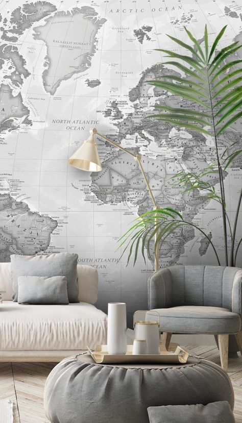 Install this made to measure World Political Grey wallpaper mural in your home or office. Easy to order and easy to install.  Stunning living room in grey tones.  #greylivingroom #greydecor #map #mapwallpaper #wallpaper #travel #homedecor #wallmural #wallsauce Grey Wallpaper For Living Room, Office Wallpaper Ideas, Grey Wallpaper Living Room, Military Office, Wallpaper Travel, Map Wall Mural, Inspiration Wallpaper, Modern Living Room Wall, World Map Wallpaper