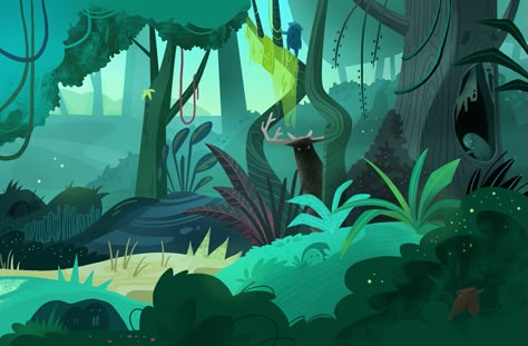 Forest illustration on Behance Forest Scene Illustration, Amazon Forest Illustration, Fairy Forest Illustration, Tropical Forest Illustration, Forest Illust, River Concept Art, Magical Forest Illustration, Forest Cartoon, Forest Village