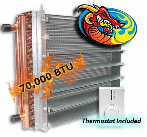 Product Description Dragon Breath Unit Heaters mount just about anywhere. They are used to heat basements, garages, workshops, greenhouses, warehouses, and anything you can think of due to their small and compact design. These units come with a high-quality “Venturi-designed” fan, water to air exchanger and adjustable louvered grills. The fans are speed controllable (SC36) and are commercial grade units. Stamped fan blades quietly exhaust high air volumes. You can trust that all parts used are o Wood Stove Water Heater, Water Heater Diy, Boiler Heating System, Dragon Breath, Building Insulation, Air Exchanger, Hydronic Heating, Container Cabin, Dragons Breath