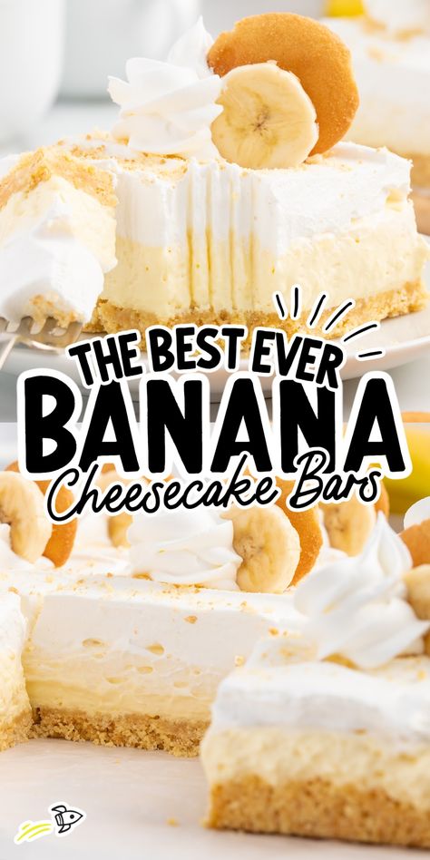 Banana Cream Recipes Desserts, Banana Pie Cheesecake, No Bake Cheesecake Flavors, Banana Pudding Cheesecake Bites, Banana Bread Cheesecake Bars, Banana No Bake Cheesecake, No Bake Banana Recipes, Banana Cheesecake Recipe No Bake, Banana Cheesecake Squares