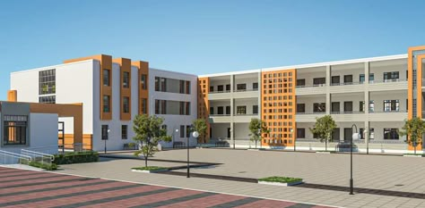 Schools Elevation Design, School Main Entrance Design, Small School Architecture, School Building Facade, College Building Exterior, School Building Design Exterior, School Facade Design, Modern School Exterior, School Exterior Design