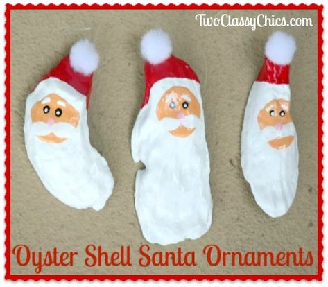 Painted Oyster Shells Santa Christmas Tree Ornaments Painted Oyster Shells, Oyster Shells Diy, Ornaments Painted, Seashell Christmas Ornaments, Oyster Ornament, Easter Tree Ornaments, Santa Christmas Tree, Oyster Shell Crafts, Seashell Projects