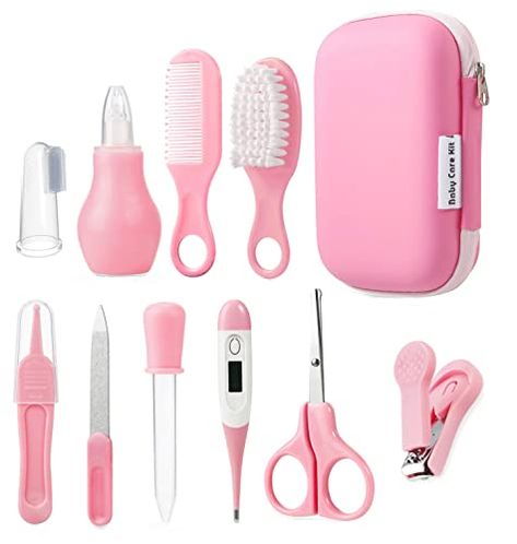 PandaEar Baby Healthcare and Grooming Kit, Baby Safety Set Baby Comb, Brush, Finger Toothbrush, Nail Clippers, Scissors, Nasal Aspirator, Baby Essentials Nursery Care Kit (Pink) Baby Care Kit, Baby Nail Clippers, Baby Temperature, Finger Toothbrush, Nose Cleaner, Baby Grooming, Newborn Baby Care, Nasal Aspirator, Nail Scissors