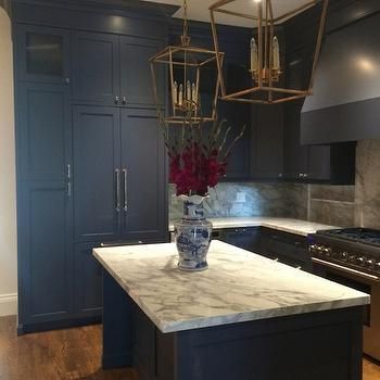 Navy Kitchens Navy Range, Navy Kitchens, Navy Kitchen Cabinets, Navy Island, Paneled Refrigerator, Slab Backsplash, Navy Blue Kitchen Cabinets, Kitchens Contemporary, Navy Cabinets