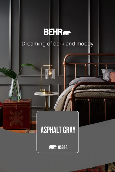 Asphalt Gray adds the perfect touch of drama to your space. Asphalt Gray Behr Paint, Behr Asphalt Gray, Behr Moody Paint Colors, Dark Gray Paint Colors, Behr Colors, Color Of The Month, Behr Paint Colors, Grey Room, Grey Paint Colors