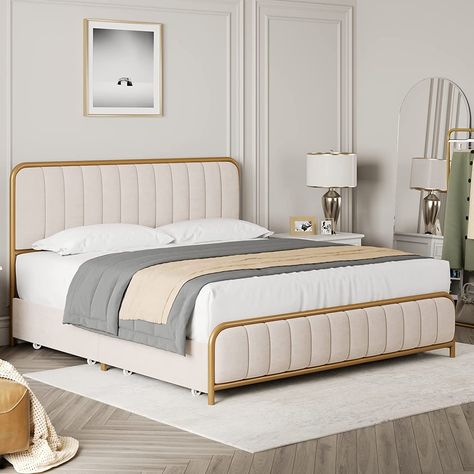 HITHOS Upholstered Full Size Bed Frame with 4 Storage Drawers and Headboard, Heavy Duty Metal Mattress Foundation with Wooden Slats, Easy Assembly, No Box Spring Needed (Golden/Off White, Full) Gold Bed Frame, Upholstered Queen Bed Frame, Modern Upholstered Beds, Steel Bed Frame, Gold Bed, Tufted Upholstered Headboard, Full Size Bed Frame, Full Bed Frame, Queen Size Bed Frames