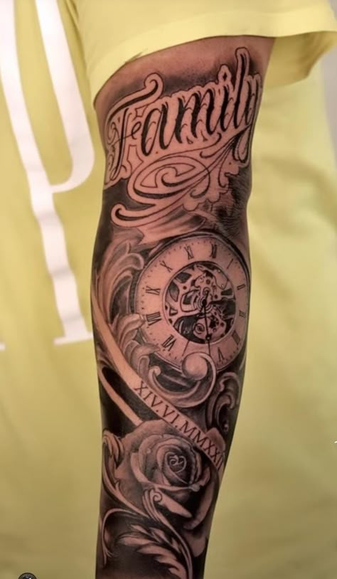 Family Tattoo Ideas For Men Arm, Family Tattoos For Men Forearm, Rose And Clock Tattoo, Clock Tattoo Designs, Family Sleeve Tattoo, Roman Numerals Tattoo, Numerals Tattoo, Clock Tattoo Sleeve, Family Tattoos For Men