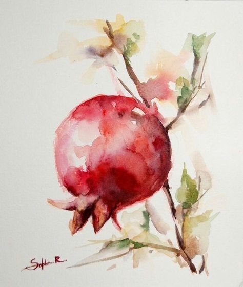 Textural Art, Botanical Inspiration, Pomegranate Art, Watercolor Fruit, Red Pomegranate, Fruit Painting, Cat Air, 수채화 그림, Fruit Art