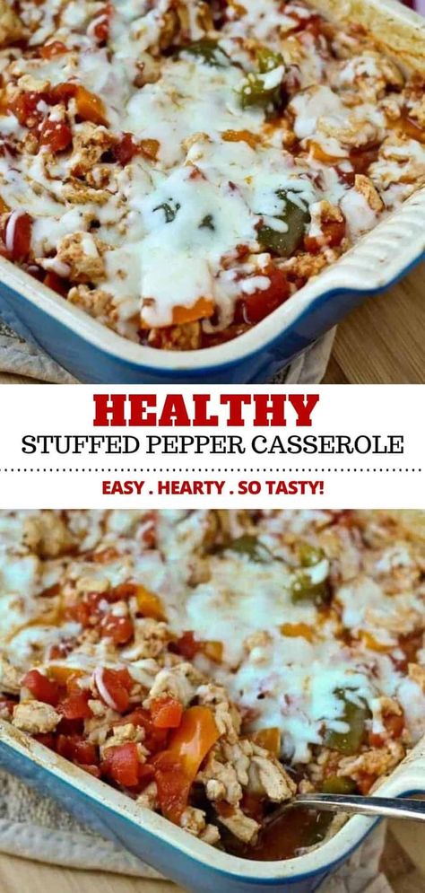 This Healthy Stuffed Pepper Casserole with cheddar and ground turkey is a great go-to meal for nights when you don’t really feel like cooking. This recipe is easy to make, hearty, and tastes great! #healthy #easy #casserole #dinner Healthy Crockpot Meals Ground Turkey, Heart Healthy Ground Turkey Recipes, Heart Healthy Turkey Recipes, Heart Healthy Casseroles, Heart Healthy Casserole Recipes, Ground Turkey And Peppers Recipe, Easy Casserole Dinner, Ground Turkey Casserole, Turkey Casserole Recipe