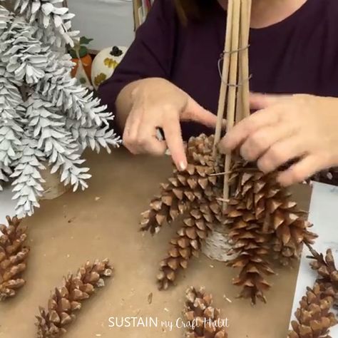 What's better than crafting with nature? Create your own beautiful, natural pinecone tabletop tree using eastern white pinecones and this step by step tutorial. Pine Cone Projects Ideas, Pinecone Holiday Crafts, Christmas Gift Projects, Pinecones Christmas Tree, Pinecone Christmas Trees Diy, Diy Pine Cone Christmas Tree, Pine Cone Mobile, Diy Pine Cone Tree, Pinecone Tree Topper