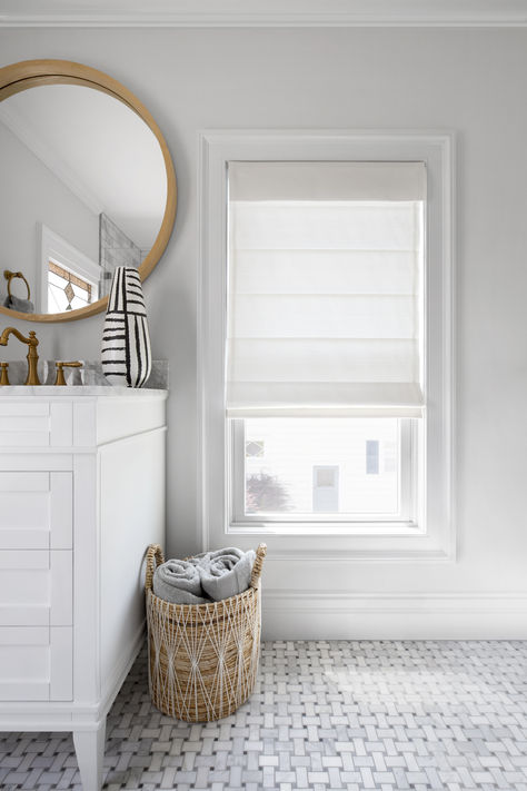 Image: A light-filled powder room featuring a vanity and wood accents Large Bathroom Window Privacy Ideas, Bathroom Blinds Ideas, Blinds To Go, Bathroom Window Privacy, Bathroom Window Coverings, Shades Window Treatments, Window Treatments Blinds, Shades Window, Bathroom Window Treatments