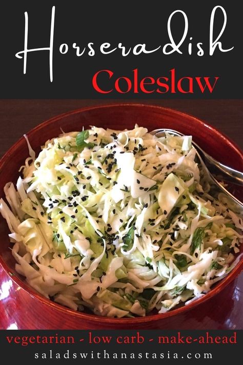 If you're tired of regular coleslaw, then you'll love this twist on the classic salad. The addition of horseradish really packs a unique flavor punch. #coleslaw #barbecue #lowcarb #vegetarian #summersalad Coleslaw With Horseradish Recipe, Cooked Coleslaw, Bag Coleslaw Recipe, Horseradish Coleslaw Recipe, Horseradish Coleslaw, Pork Belly Roast, Classic Coleslaw Recipe, Classic Coleslaw, Homemade Horseradish