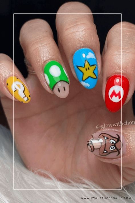 Super Mario Nails Princess Peach Nail Ideas, Gaming Nail Art, Mario Nails Easy, Super Mario Nails Art, Mario Inspired Nails, Mario Acrylic Nails, Princess Peach Nail Art, Mario Bros Nails Art Designs, Mario Nail Designs