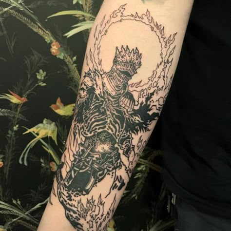 Ds3 Tattoo, Dark Souls Tattoo Design, Dark Souls Tattoos, Soul Tie Tattoo, Dark Souls Tattoo Ideas, Dark Themed Tattoos, Lotr Sleeve, Berserk Tattoos, Purple Tattoo Ink