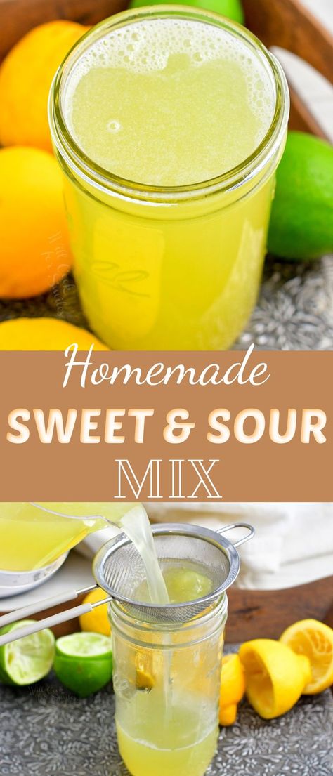 Sweet and sour mix is an essential ingredient for so many cocktails. It's sweet, tart, has a refreshing citrus flavor, and tastes so much better homemade! There is no need to buy a bottle of premade… More Homemade Sweet And Sour Mix Recipe, Sweet And Sour Mix Recipe, Homemade Sweet And Sour Mix, Homemade Sour Mix, Amaretto Sour Cocktail, Sour Drink, Drink Recipies, Amaretto Sour, Candy Cocktails