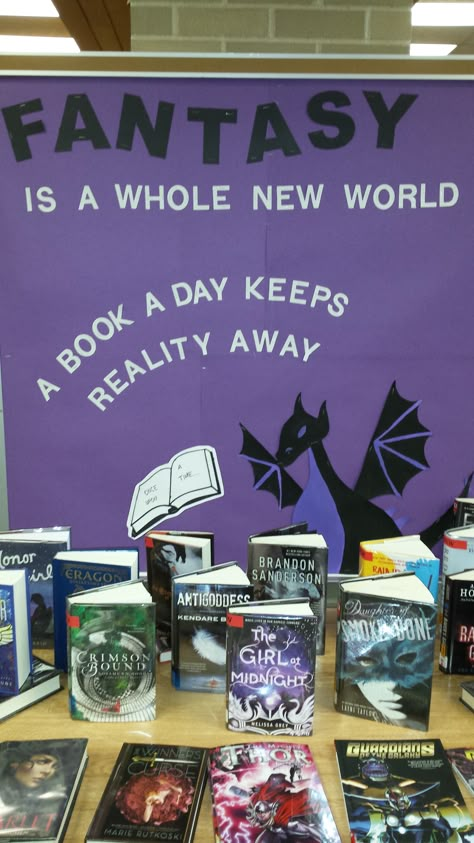 Jan-Feb 2016 Book Display Designed by students to promote new fantasy books Fantasy Bulletin Board Ideas, Book Display Themes, Fantasy Book Display Library, Fantasy Book Display, Academic Library Displays, New Books Library Display, May Book Displays, September Book Displays, Back To School Book Display