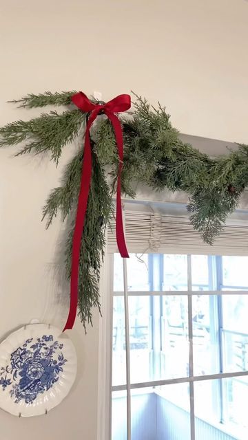 Christmas Wreath Kitchen Window, Christmas Wreath Above Stove, Over The Window Christmas Decor, Garland Christmas Decor Window, Christmas Garland Above Window, Christmas Kitchen Window Ideas, Christmas Kitchen Garland, Christmas Decor Kitchen Window, Kitchen Window Garland Christmas