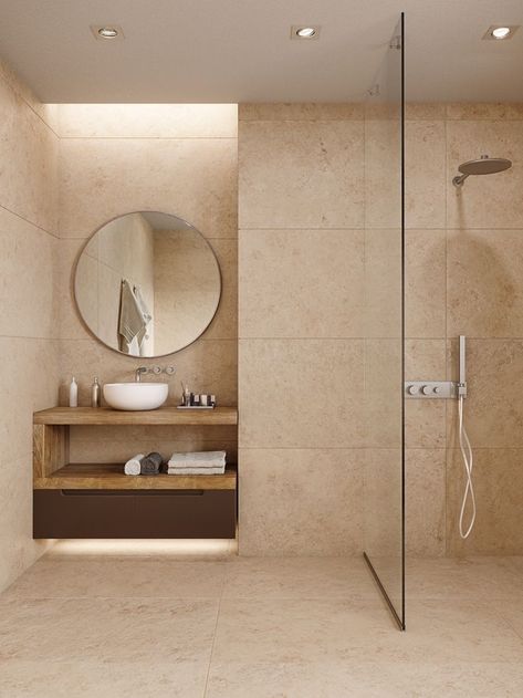 60x120 Tiles Bathroom, Beige Tiles In Bathroom, Travertine Bathroom Modern, Warm Toned Bathroom, Beige Tiles Bathroom, Concrete Tile Bathroom, Warm Tone Bathroom, Bathroom Beige Tile, Bad Beige