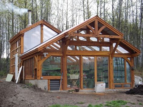 timber frame greenhouse - Google Search Log Cabin Greenhouse, Greenhouse For Trees, Fruit Tree Greenhouse, Citrus Greenhouse, Greenhouse Pond, Timber Frame Greenhouse, Timber Greenhouse, Greenhouse Shed, Thermal Mass