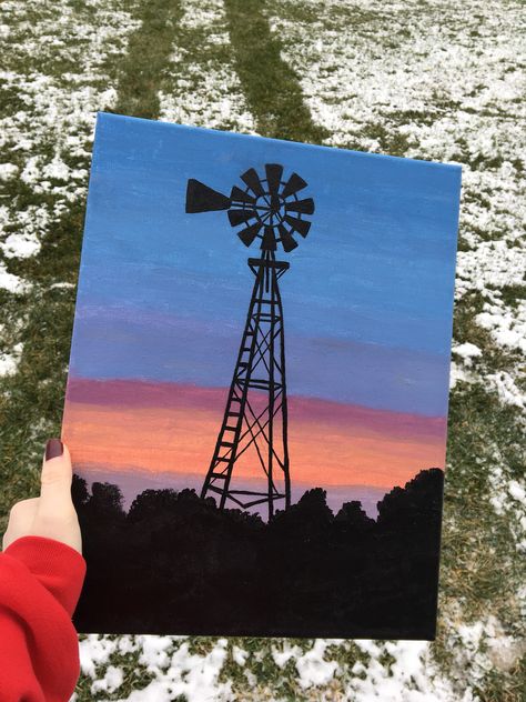 #sunset #windmill #diy #painting Windmill Sunset Painting, Easy Country Painting Ideas, Cute Country Paintings, Windmill Painting Easy, Easy Western Painting Ideas On Canvas, Painting Ideas On Canvas Country, Easy Country Paintings On Canvas, Western Canvas Painting Easy, Western Painting Ideas On Canvas