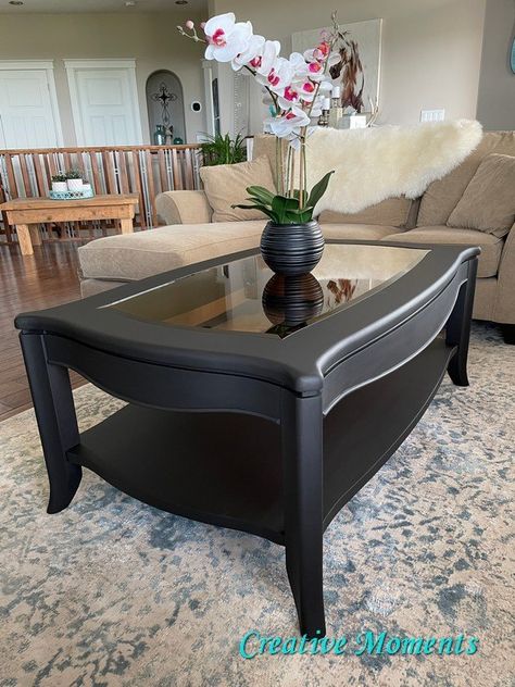 Upcycled Furniture Coffee Tables, Coffee Table With Glass Makeover, Refurbished Glass Top Coffee Table, Redo Coffee Table Diy Ideas, Wood And Glass Coffee Table Makeover, Glass Table Top Makeover, Redo Coffee Table Diy, Glass Top End Table Makeover, Coffee Table Color Ideas