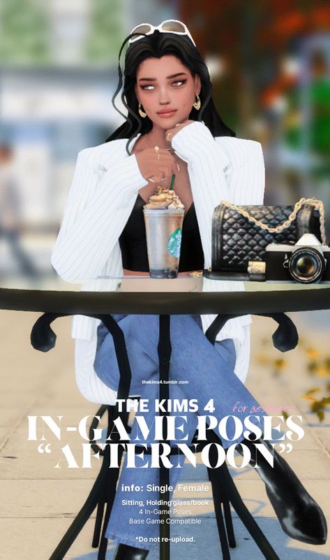 TS4 Pose / In-Game only Single, Female Sitting + Holding Glass/Book 4 In-Game Poses Base Game Compatible CC : Coffee / Glass / Book / Chair 1, 2 LOOKBOOK : Daily Aesthetic #1 If there are any… Sims 4 University Poses, Sims 4 Bar Poses, Sims 4 Coffee Poses, Sims 4 Photography, Book Chair, Sims 4 Restaurant, Sims 4 Poses, Sims 4 Couple Poses, Daily Aesthetic