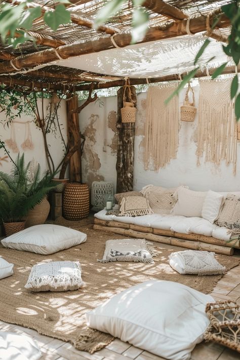 A serene outdoor living space featuring a cozy seated area with quaint cushions, rustic vibes, and vibrant greenery, perfect for relaxation. Poolside Yoga, Healing Sanctuary, Casa Miami, Balcony Ideas On A Budget, Boho Balcony, Bamboo Ceiling, Healing Room, Quiet Corner, Boho Life