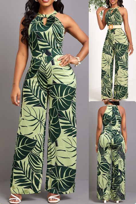 Unleash your inner fashionista with Rosewe’s Leaf Print Cut-Out Green Long Round Neck Jumpsuit! Perfect for turning heads and embracing summer vibes. 🍃✨  #FashionForward #StyleInspo #OOTD #FashionTrends2024 #InstaChic #FashionLover #OutfitOfTheDay #TrendyLooks #FashionBlogger #StyleOfTheDay Jumpsuit For Summer, Vitenge Dresses Designs For Ladies, Vitenge Dresses Designs, Vitenge Dresses, Classy Jumpsuit Outfits, Semi Formal Cocktail Dress, Cocktail Dress Code, Classy Jumpsuit, African Fabric Dress