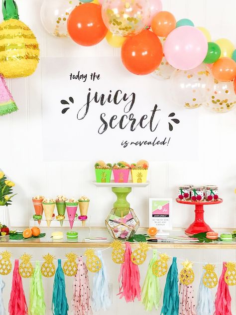 Free Party Printables For A Tutti Frutti Gender Reveal Party | Fun365 Tissue Paper Garland, Tutti Frutti Party, Fruit Birthday Party, Baby Gender Reveal Party Decorations, Gender Reveal Announcement, Gender Reveal Party Theme, Gender Reveal Themes, Popcorn Boxes, Gender Party