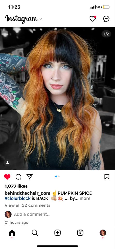 Split Dyed Hair, Diy Hair Color, Fall Hair Color Trends, Split Hair, Summer Hair Color, Fall Hair Color, Haircuts With Bangs, Orange Hair, Hair Inspo Color