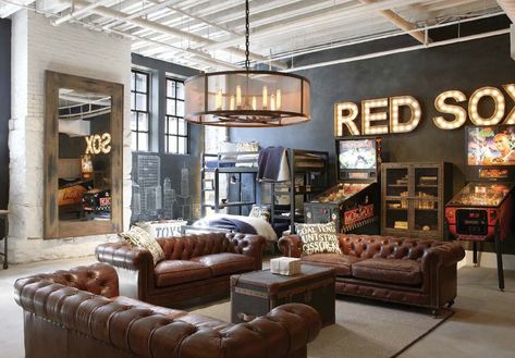 Restoration Hardware Kids' area Restoration Hardware Kids, Red Sox Room, Man Cave Inspiration, Home Office For Man, Recreational Room, Man Cave Home Bar, Man Room, Style Deco, Game Room Design