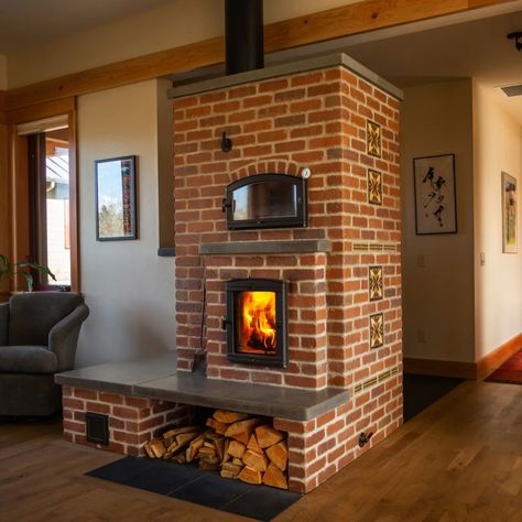 Wood Heater Ideas, Masonry Heaters, Finnish Style, Floor Heater, Masonry Heater, Creating An Entryway, Mass Design, Masonry Fireplace, Recycled Brick