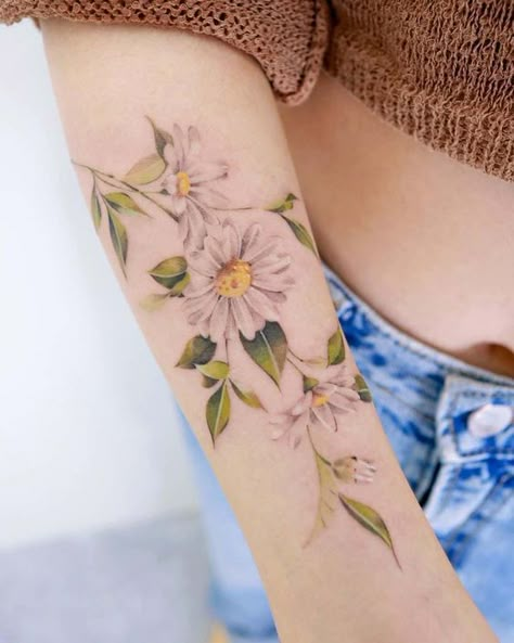 Yellow Flower Tattoos, Daisy Flower Tattoo, Violet Flower Tattoos, Flower Vine Tattoos, Realistic Flower Tattoo, Daisy Flower Tattoos, Simple Flower Tattoo, Watercolor Tattoo Flower, Wildflower Tattoo