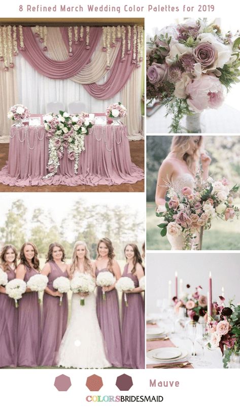 All 20+ Purple Wedding Color Palettes - ColorsBridesmaid Pinky Mauve Wedding, Mauve And Gold Wedding, March Wedding Colors, Mauve Wedding Colors, Spring Wedding Color Palette, Mauve Bridesmaid, Mauve Bridesmaid Dress, Wedding Color Palettes, Fall Wedding Color Palette