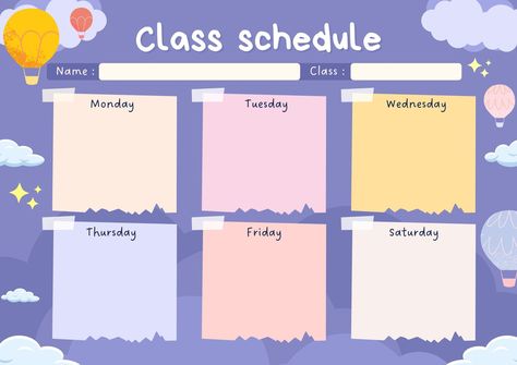 Purple Cute Sky Illustration Class Schedule Template #class #schedule #timetable #student #template Bg Template, Timetable Design, Class Schedule Template, Best Weekly Planner, Weekly Planner Print, Timetable Template, School Timetable, Study Planner Printable, Weekly Planner Free