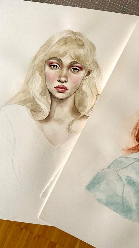 The photo shows an unfinished watercolor portrait painting of a woman with blonde hair. The colors are neutral and she is wearing a light pink eyeshadow and lipstick. Watercolor Hair, Water Colour Hair Painting Tutorial, Painting Hair Watercolor, How To Paint Blonde Hair Acrylic, Blonde Hair Watercolor, Watercolor Female Portrait, Watercolour Hair, Watercolour Drawings, Blonde Bride